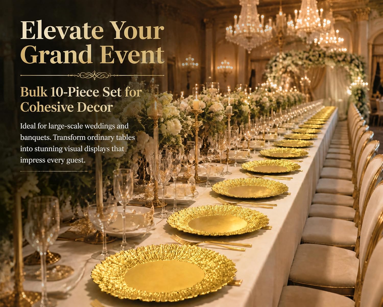 Gold Charger Plates Bulk 10Pcs - 13" Elegant Gold Plastic Chargers for Dinner Plates, Wedding & Event Decorative Charger Plates Set