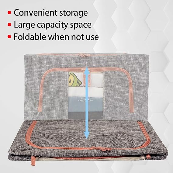 Clothes Steel Frame Storage Box Bins (Grey 3 Pack 22L) | Foldable Stackable Steel Frame Closet Containers Organizer with Clear Windows Linen Fabric Bags for Beddings/Quilt