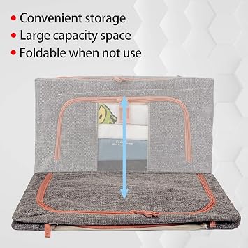 Clothes Steel Frame Storage Box Bins (Grey 3 Pack 22L) | Foldable Stackable Steel Frame Closet Containers Organizer with Clear Windows Linen Fabric Bags for Beddings/Quilt