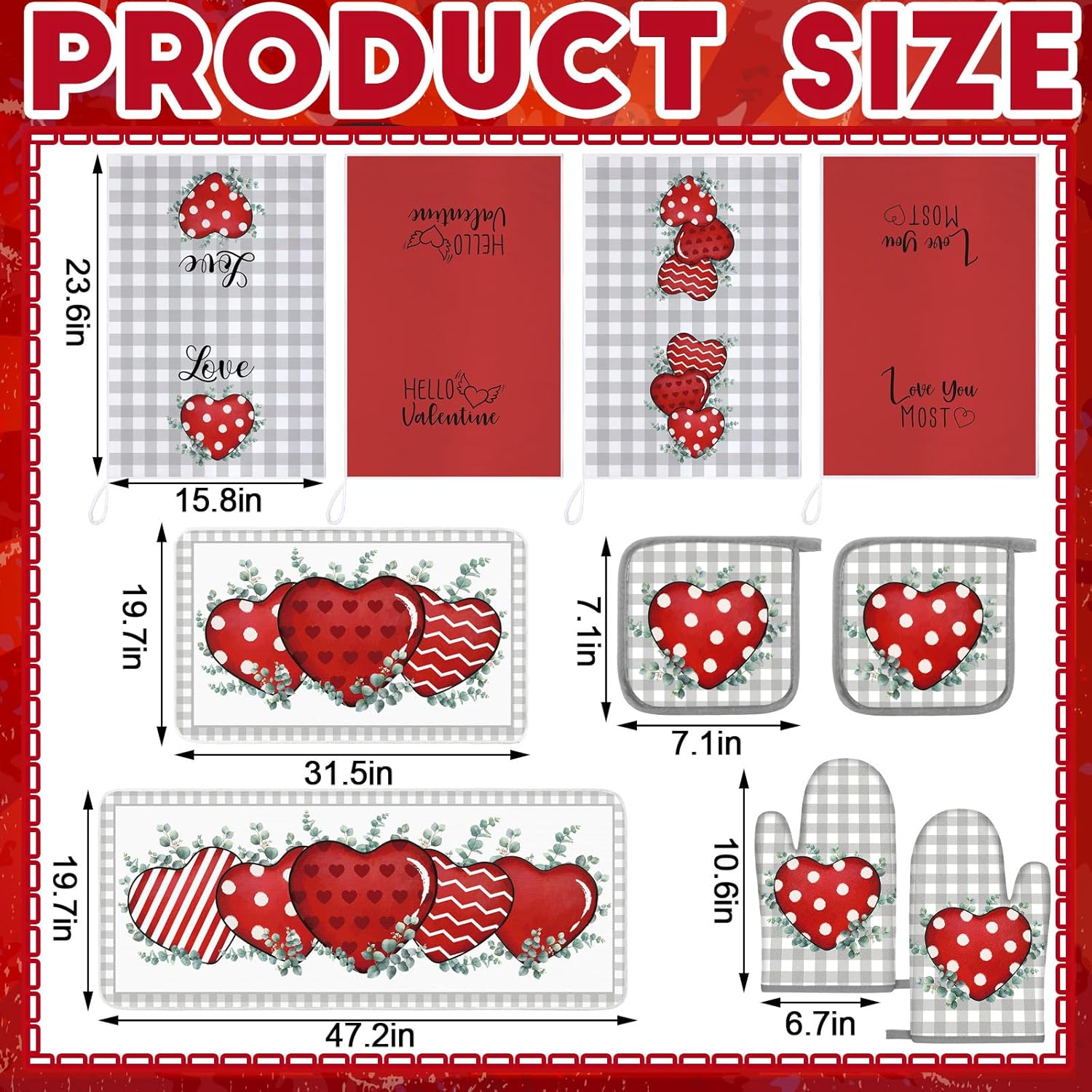 VitalCozy Set of 10 Valentine's Day Kitchen Towels Heart Kitchen Mats Oven Mitts and Pot Holders Set Absorbent Red Tea Hand Towels Valentine's Day Decorative Towel for Baking Cooking BBQ - Image 3