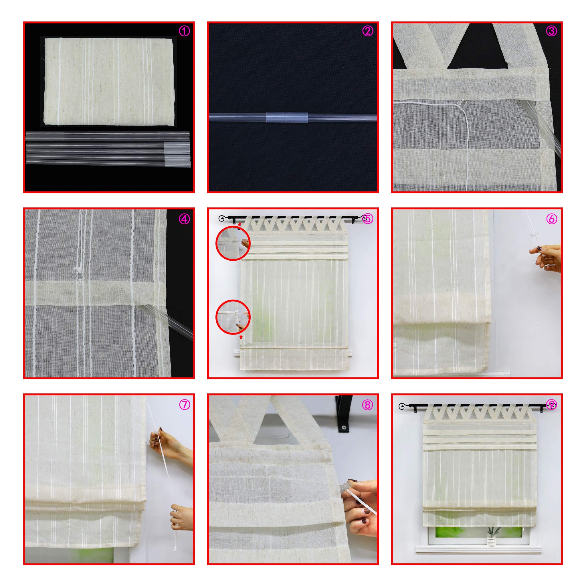 Joyswahl Catrin Store Romain à Passant en V Passe Tringle avec Frange à Pompon Transparent Rideau Voilage Décor pour Fenêtre de Chambre Cuisine Salle de Bain 1 Pièce Blanc LxH 140x140CM