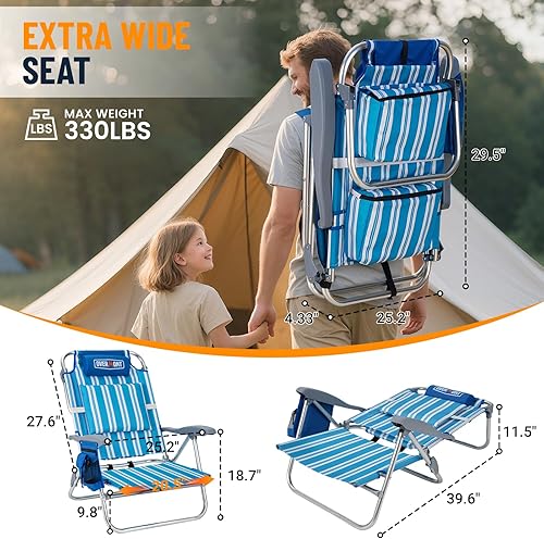 Miniatura 2 de Overmont Silla de playa baja con bolsa enfriadora - 6 posiciones plana con reposabrazos ergonómicos, asiento ancho con soporte lumbar, soporte para