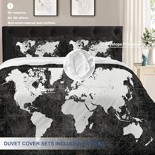 Miniatura 3 de Batmerry Juego de edredón de 3 piezas con diseño de mapa del mundo negro, tamaño matrimonial, funda de edredón de poliéster suave y esponjosa con