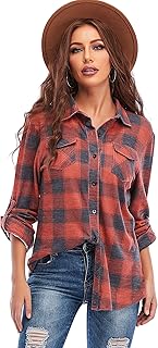 Womens Casual Cuffed Long Sleeve Boyfriend Button Down Plaid Flannel Shirt Tops
