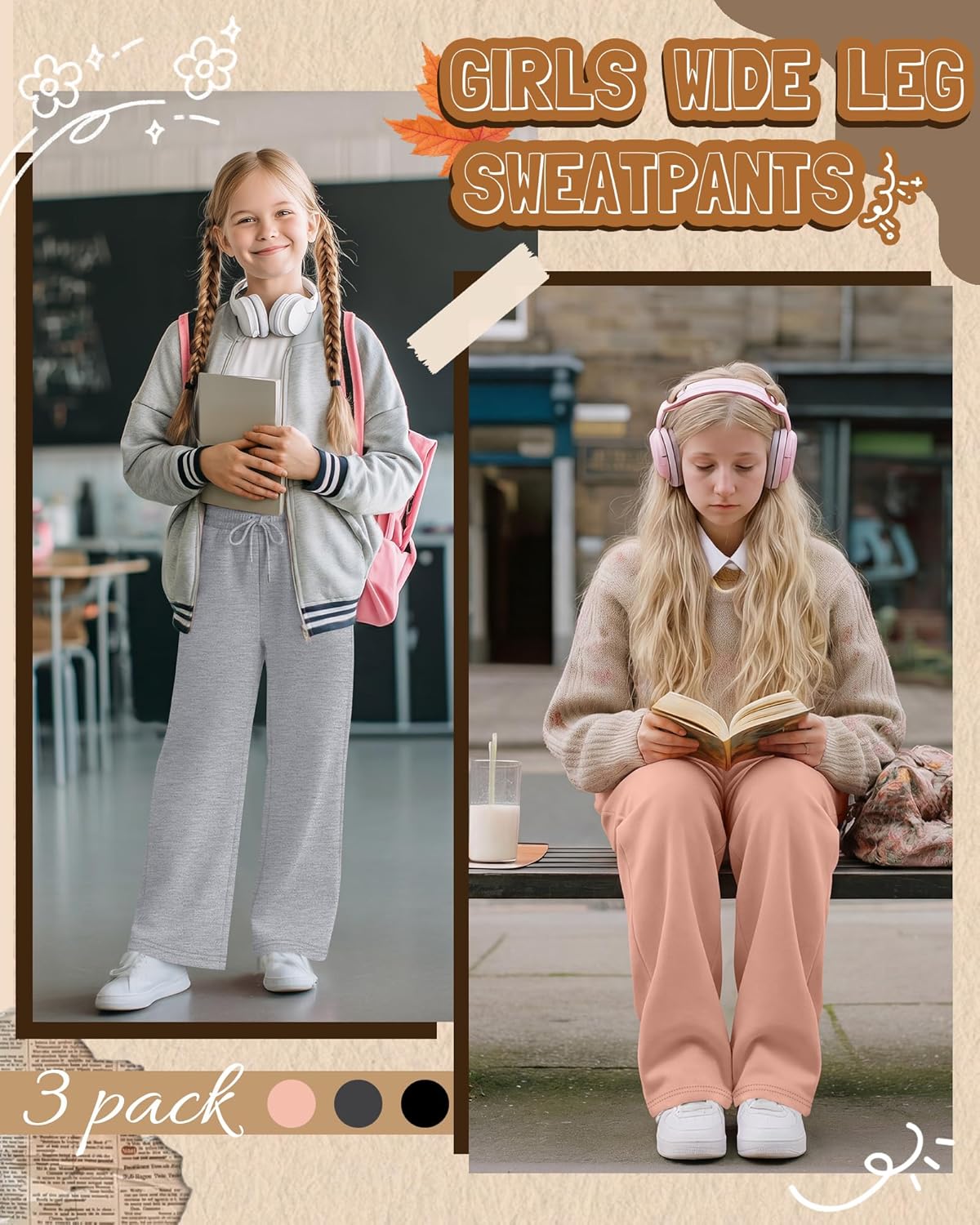 3 Pack Girls' Sweatpants Straight Wide Leg Kids Drawstring Casual Joggers Teen Loose Athletic Pants with Pockets - Image 5