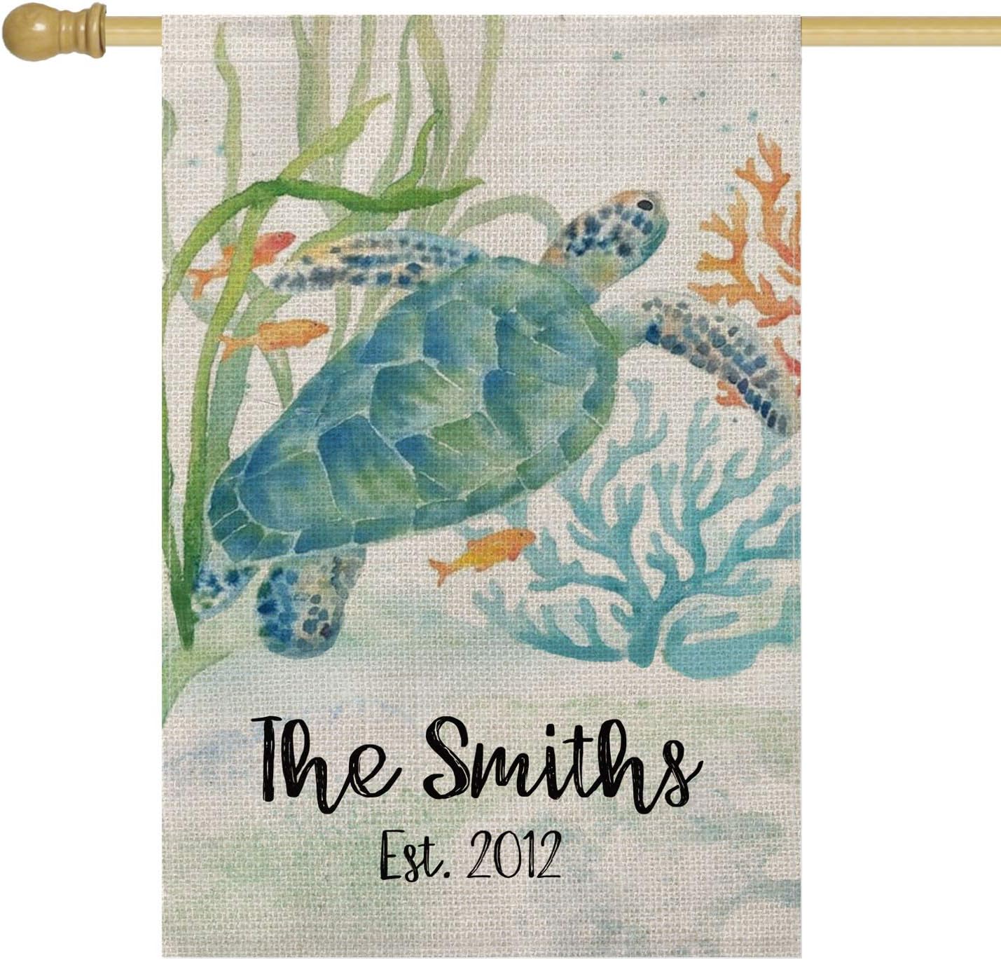 Smile Personalized Summer Spring House Flag, Sea Turtle Customized Family Name and Year, Double Sided 28 x 40 Inch Rustic Farmhouse Burlap Yard Outdoor Decoration
