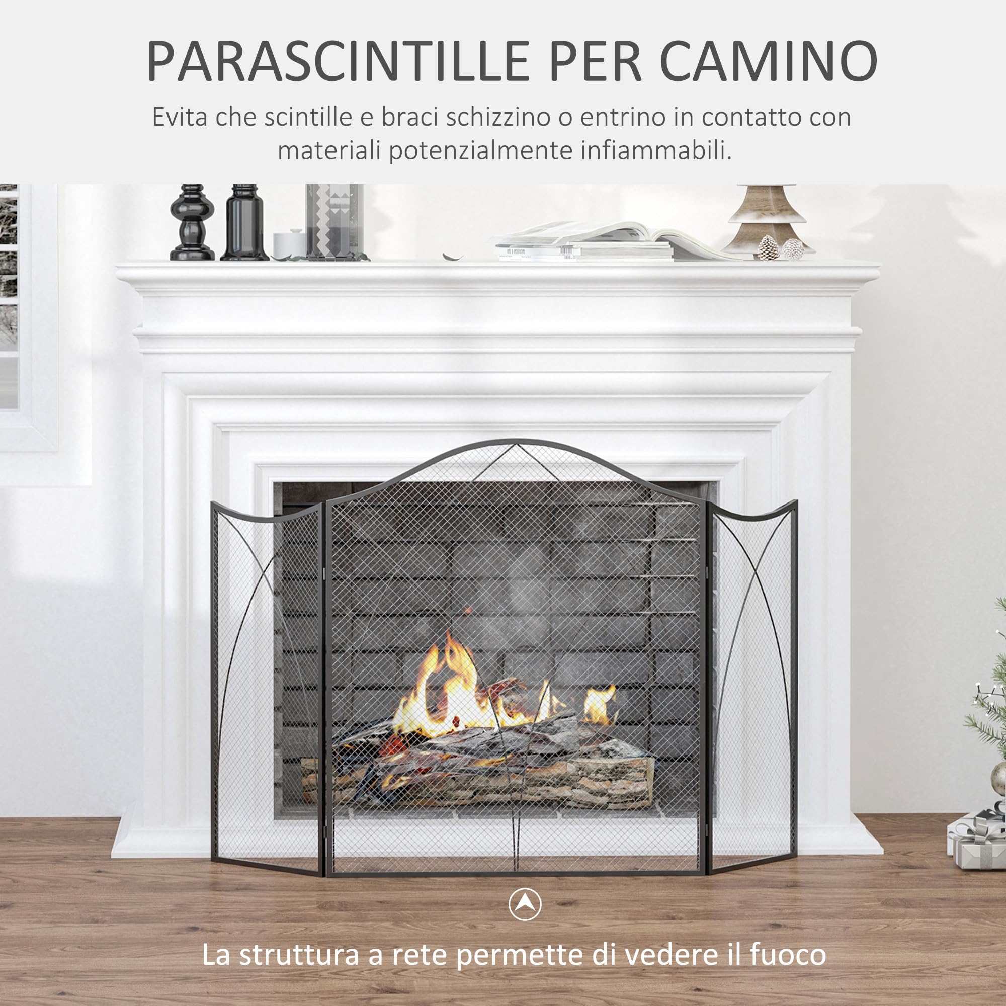 HOMCOM Parascintille Camino a 3 Parti Pieghevole con Decorazioni, Parafuoco in Metallo, 108x24x76 cm, Nero