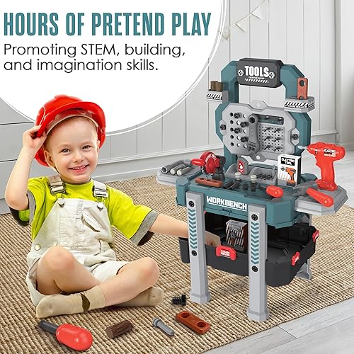 Miniatura 2 de Juego de herramientas para niños pequeños, banco de herramientas de simulación para niños, kit de bricolaje de 83p con un taladro eléctrico
