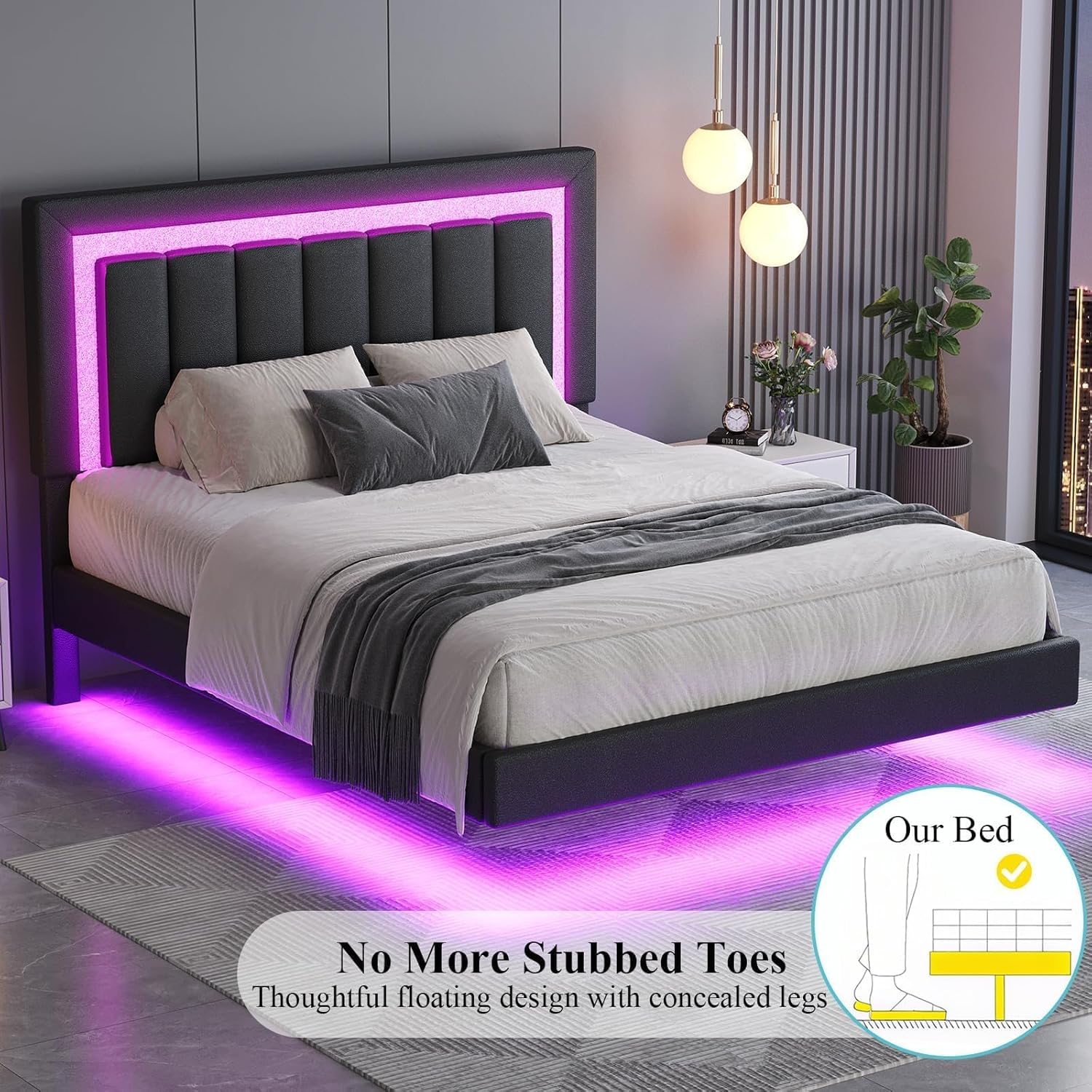 HOMBCK Floating Bed Frame Queen with Smart LED Lights, Faux Leather Upholstered Bed Frame Queen Size with Diamond Headboard, No Box Spring Needed, Noise Free, Easy Assembly, Black