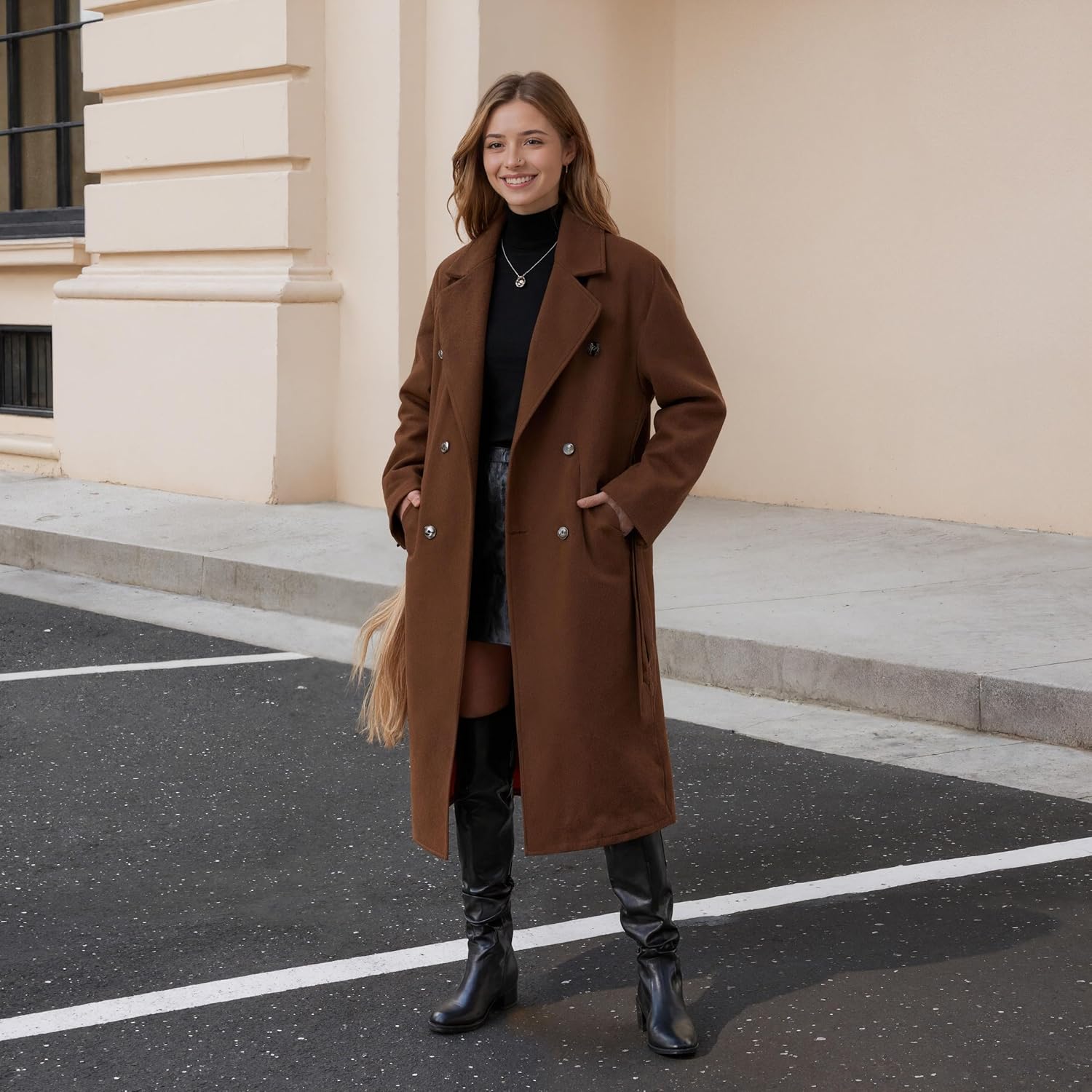 Women's Classy Long Wool Blend Coats Double Breasted Notched Lapel Collar Trench Coat with Belt Fall Winter Outwear