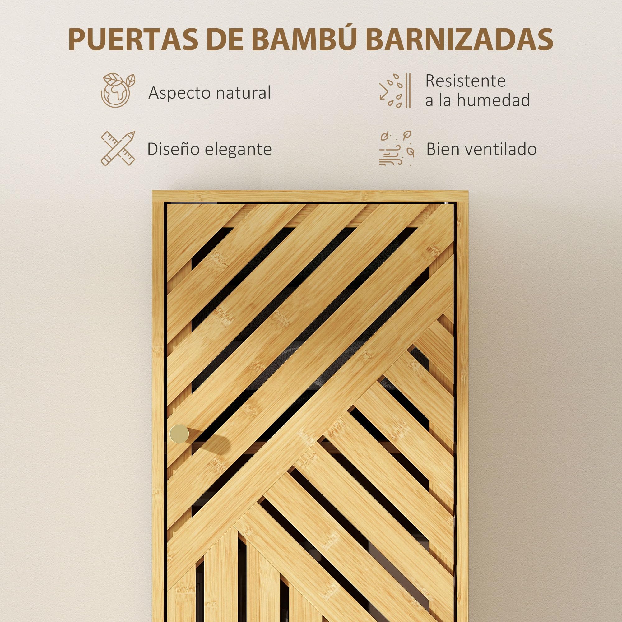 HOMCOM Armario de Baño Alto con Puertas y Patas de Bambú, Columna de Baño Estrecha, 32x30x170 cm, Estantes Regulables, Compartimento Abierto, Natural