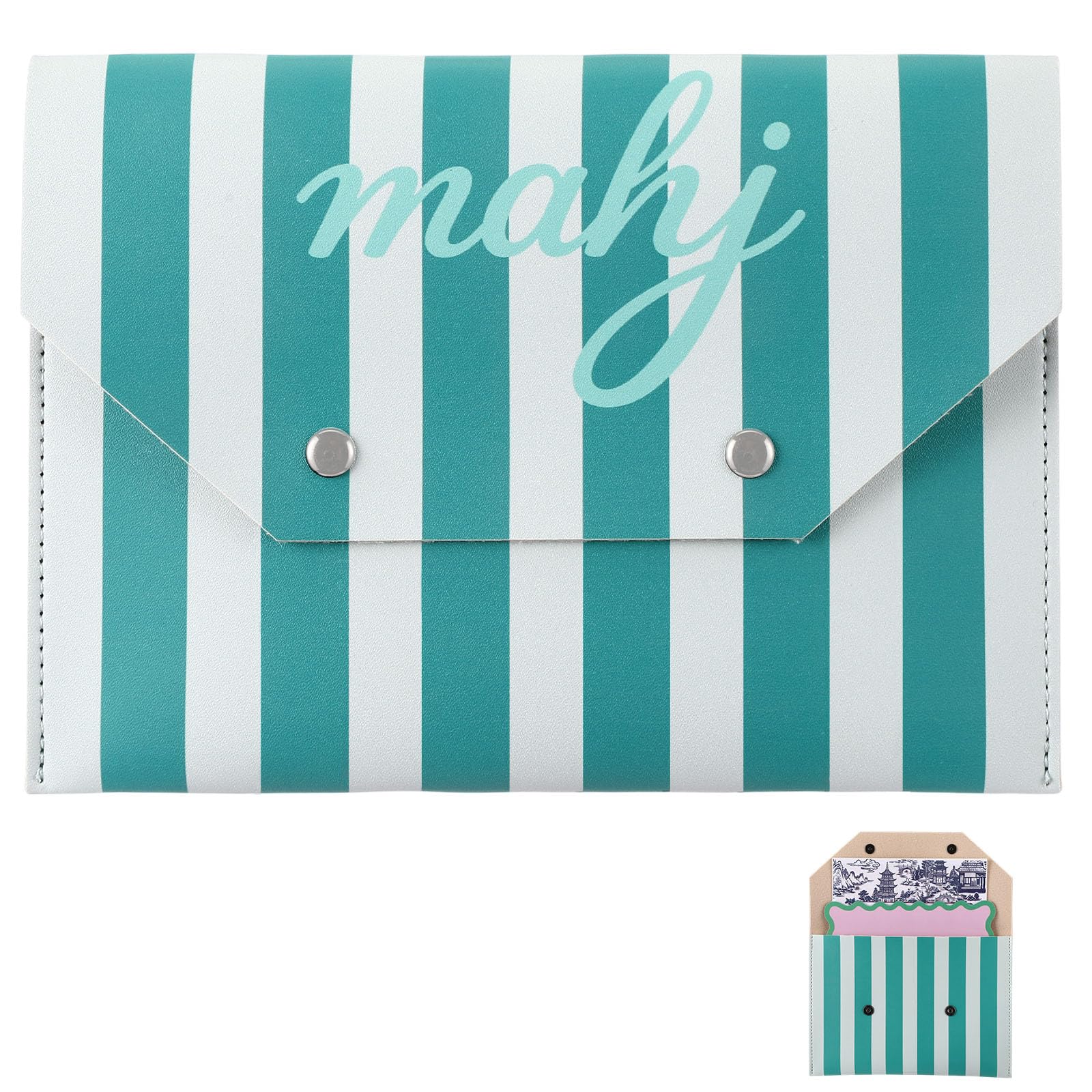 Leather Mahjong Card Holder Gift, Green, White, 8x6 Inch, Striped