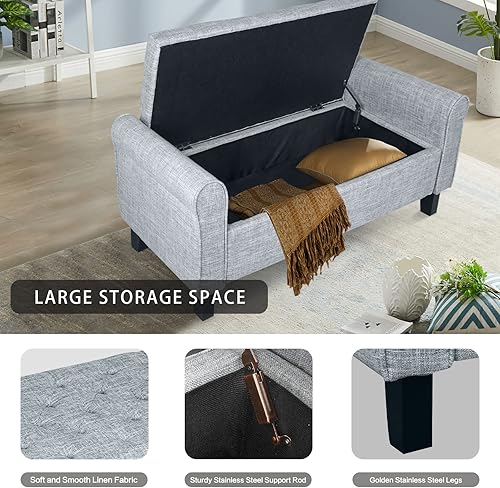 Miniatura 28 de Babion Banco otomano de almacenamiento con brazos, banco del extremo de la cama para dormitorio, botón copetudo para entrada, sala de estar, Armado