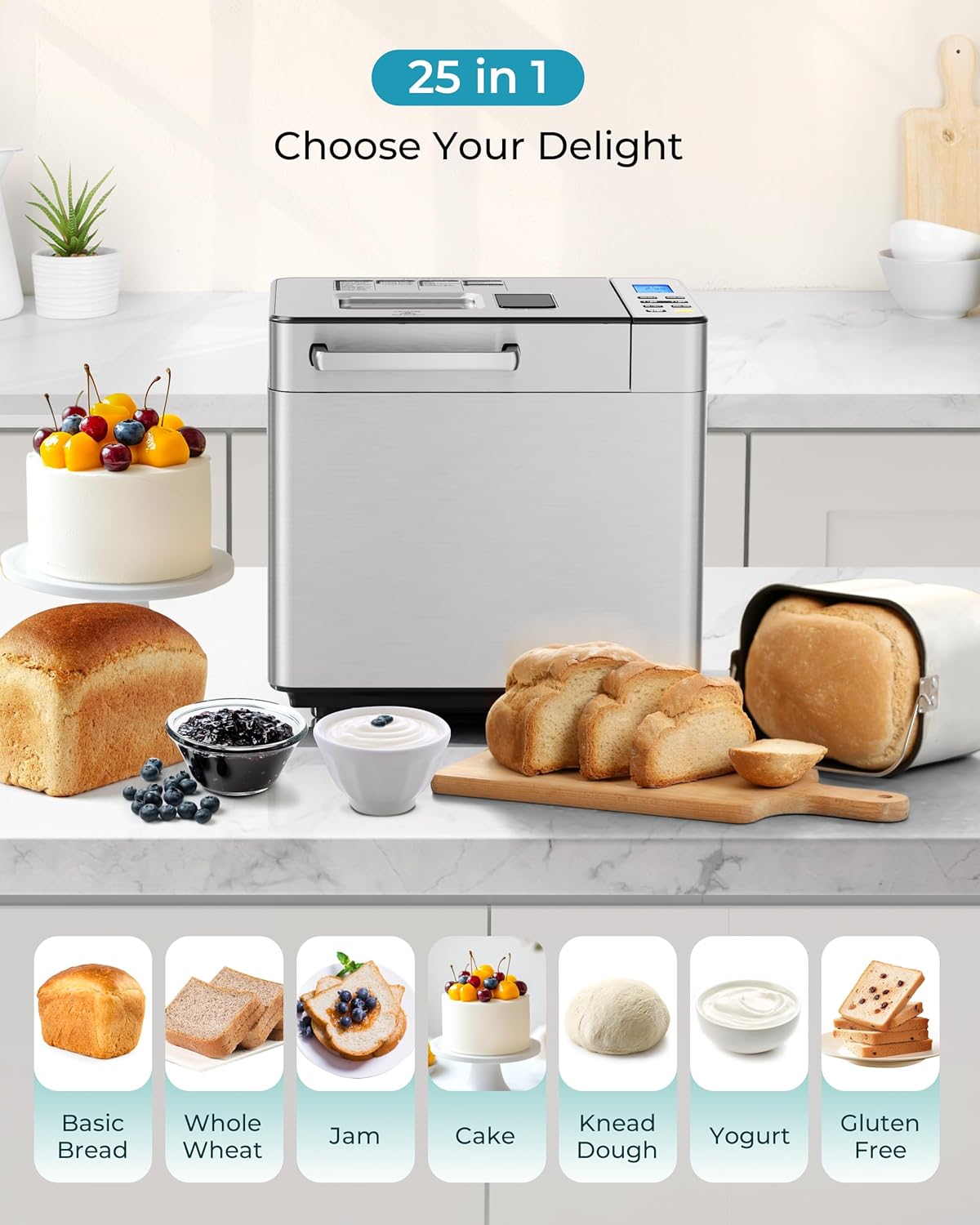 Image showing the EUHOMY bread maker surrounded by various baked goods like basic bread, whole wheat bread, jam, cake, knead dough, yogurt, and gluten-free bread, illustrating its 25-in-1 versatility.