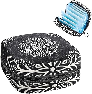 Period Pouch Portable Tampon Storage Bag,Tampon Holder for Purse Feminine Product Organizer,Black White Boho Flower Pattern, Multicolor, 4.7x6.6x6.6 in/12x17x17 cm