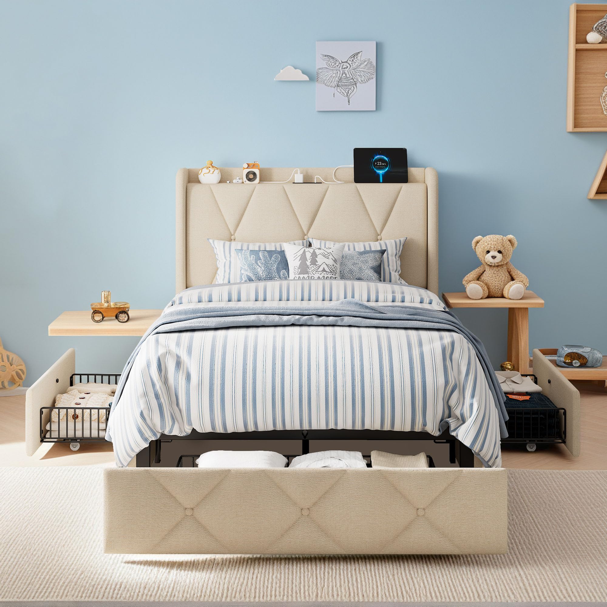 nesture. Twin Storage Bed Frame with 3 Large Drawers, Platform Bed with Upholstered Button Headboard & Charging Station, Wingback Storage Headboard,