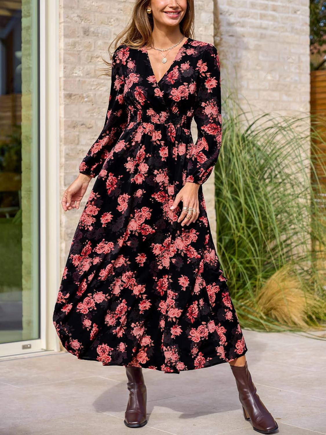 CUPSHE Womens Maxi Dresses V Neck Casual Floral Long Sleeve Fall Outfit Smocked Pockets Flowy Garden Party Dress - Image 2