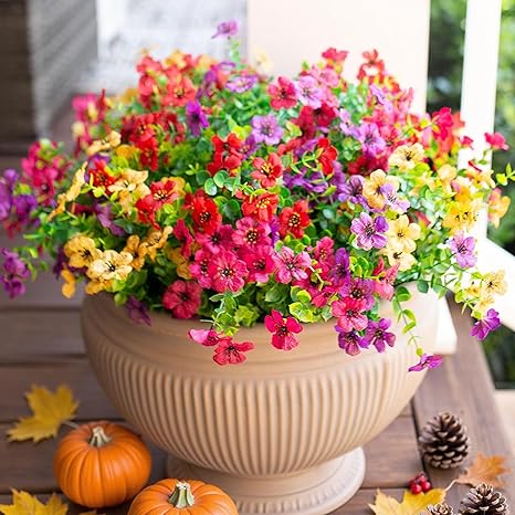 Artificial Flowers for Outdoor Indoor Garden Home Decoration, Faux Flower Daisy with Eucalyptus Leaves Fake Plants Greenery Boxwood Porch Patio, 12 Bundles (Mix Pink Red Purple Yellow)