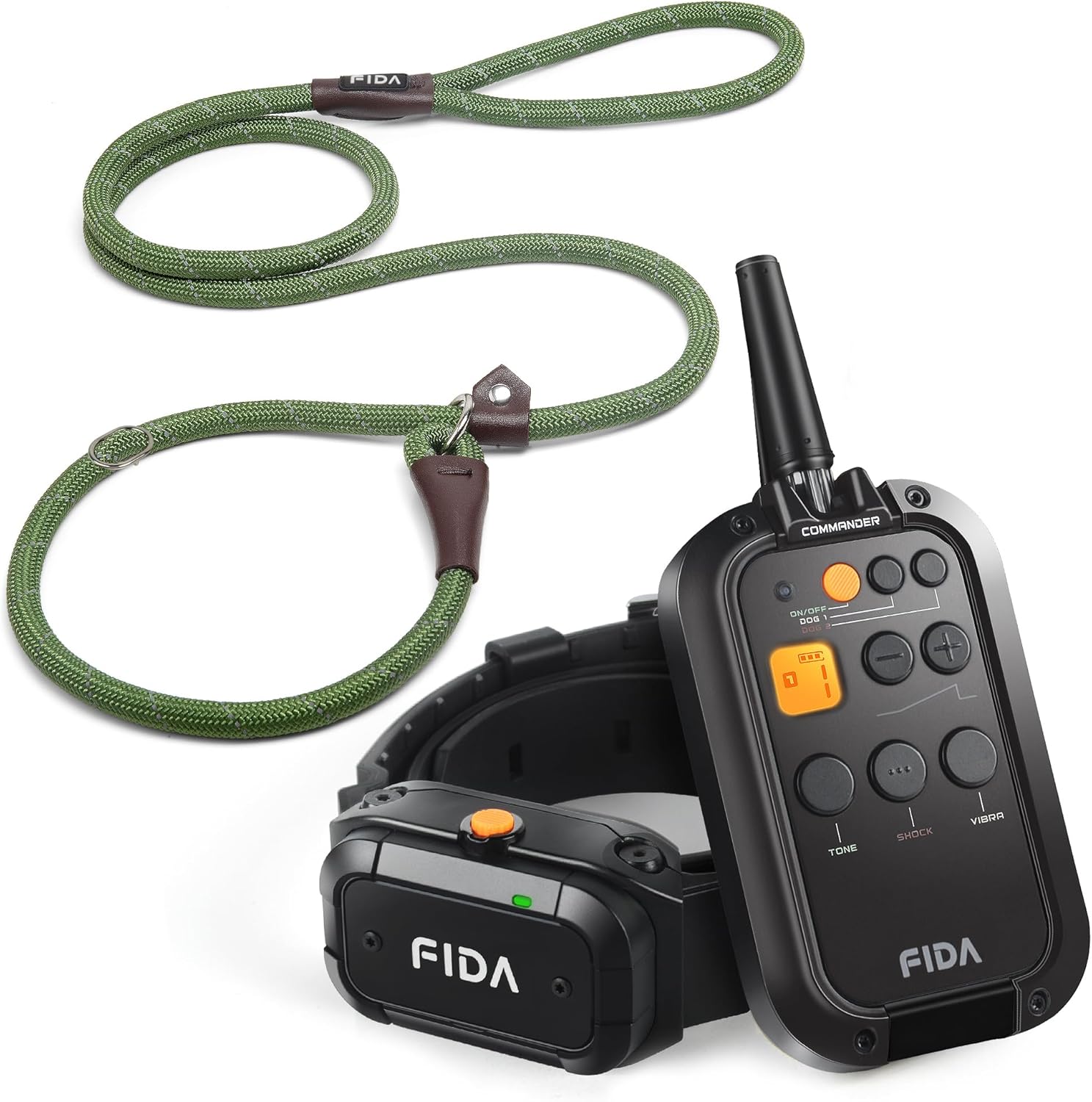 Fida Slip Lead Dog Leash(6ft,Large, Green) and Dog Shock Collar with Remote 3/4 Mile Range E Collar for Dogs Training
