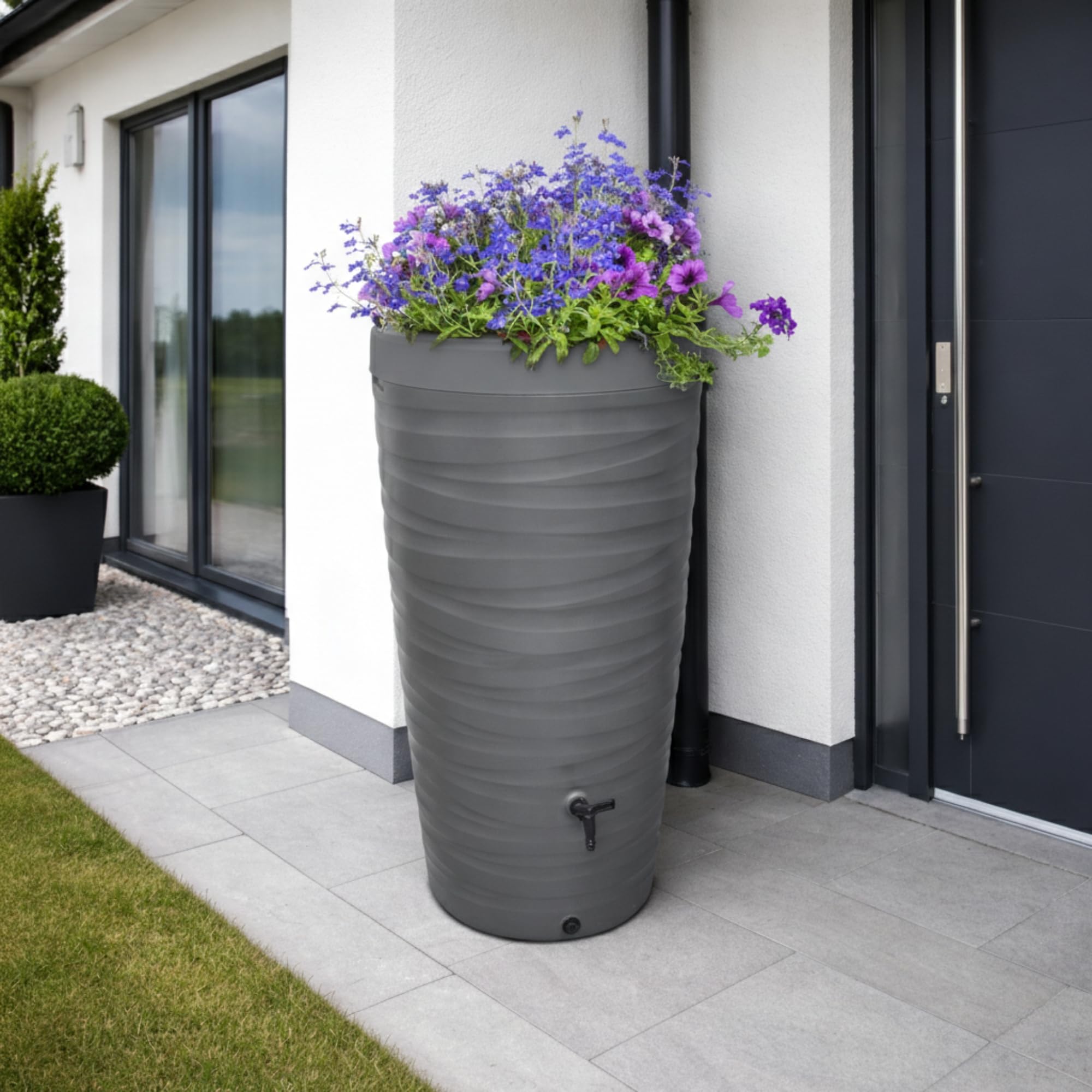YourCasa Récupérateur d'eau de Pluie 240 L, Design Wave, Gris | Cuve de récupération eau de pluie avec jardinière intégrée, robinet et raccords 3/4" — fabriquée en Europe