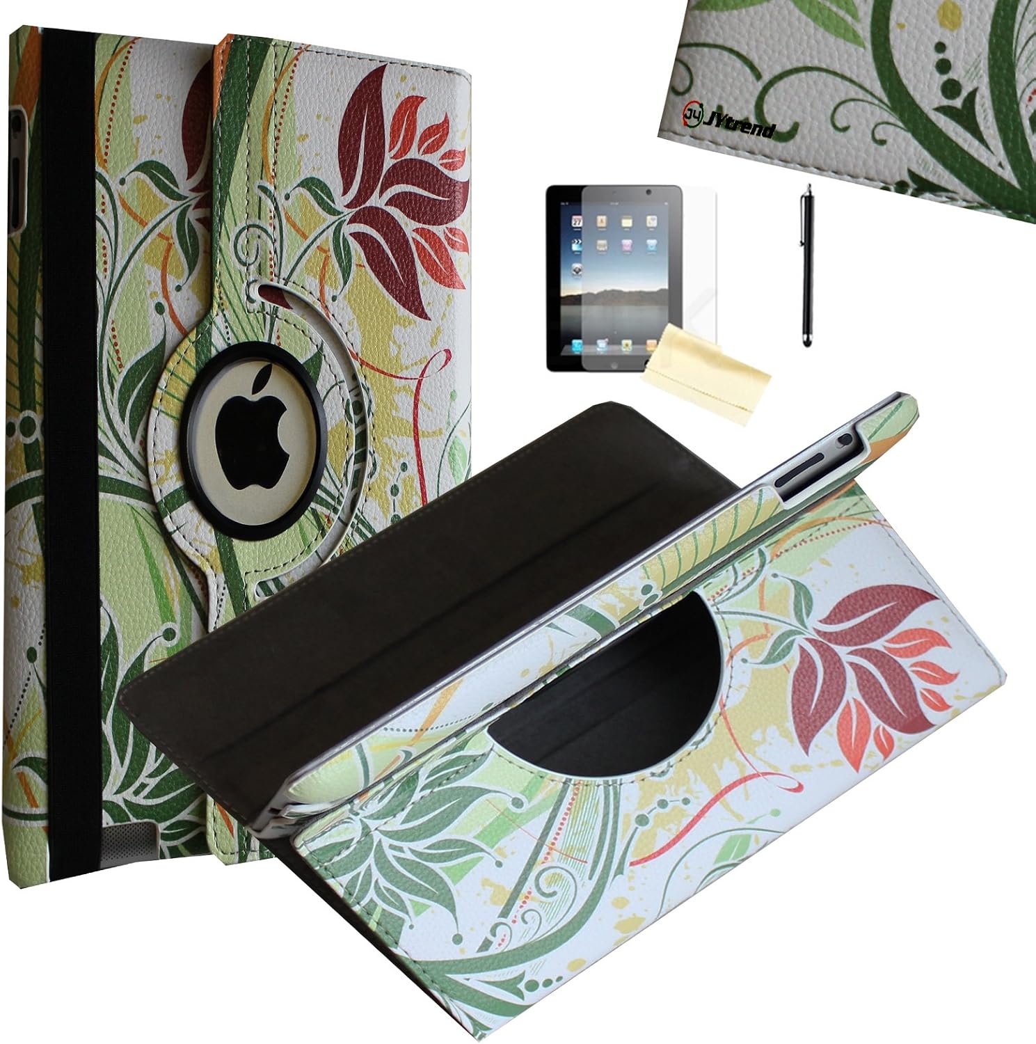 iPad Air 2 Case - JYtrend (TM) 360 Degrees Rotating Stand Leather Magnetic Smart Cover Case With Wake Sleep Feature For iPad Air 2/iPad 6 With Bonus Screen Protector, Stylus and Cleaning Cloth, Green Flower