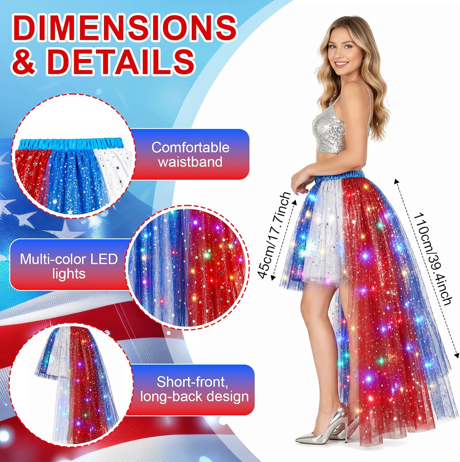 4th of July Light Up Tutu Dresses for Women, Tulle Ballet Dance Skirt High Low Fluffy Sequin Tutu - Battery Not Included