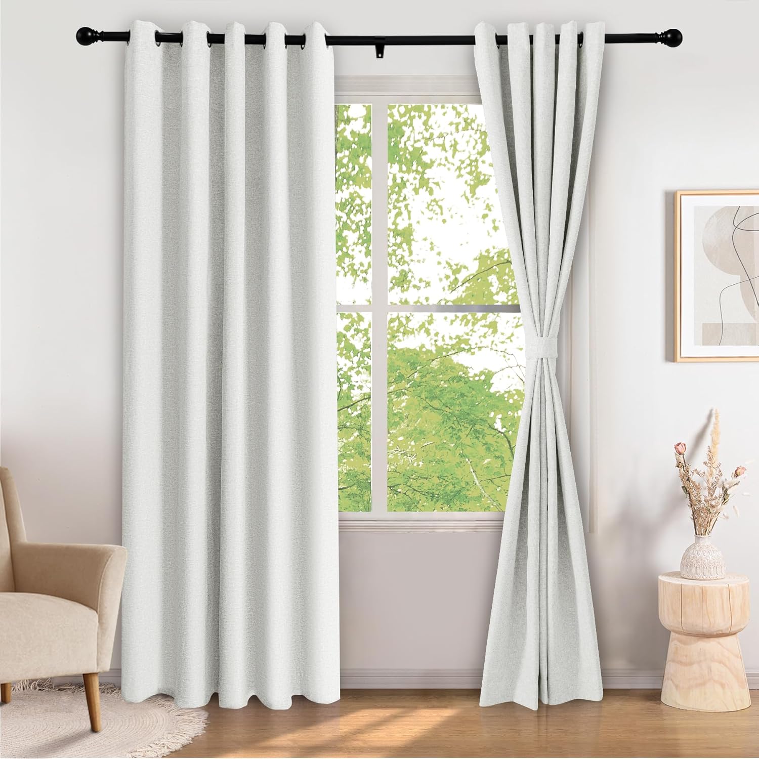 Frelement Sliding Door Curtains Extra Wide Grommet Top Drapes 100% Blackout Linen Curtains for Patio Door Bedroom Living Room Room Darkening Curtains with Tiebacks 1 Panel, 100" Wx84L, Greyish White