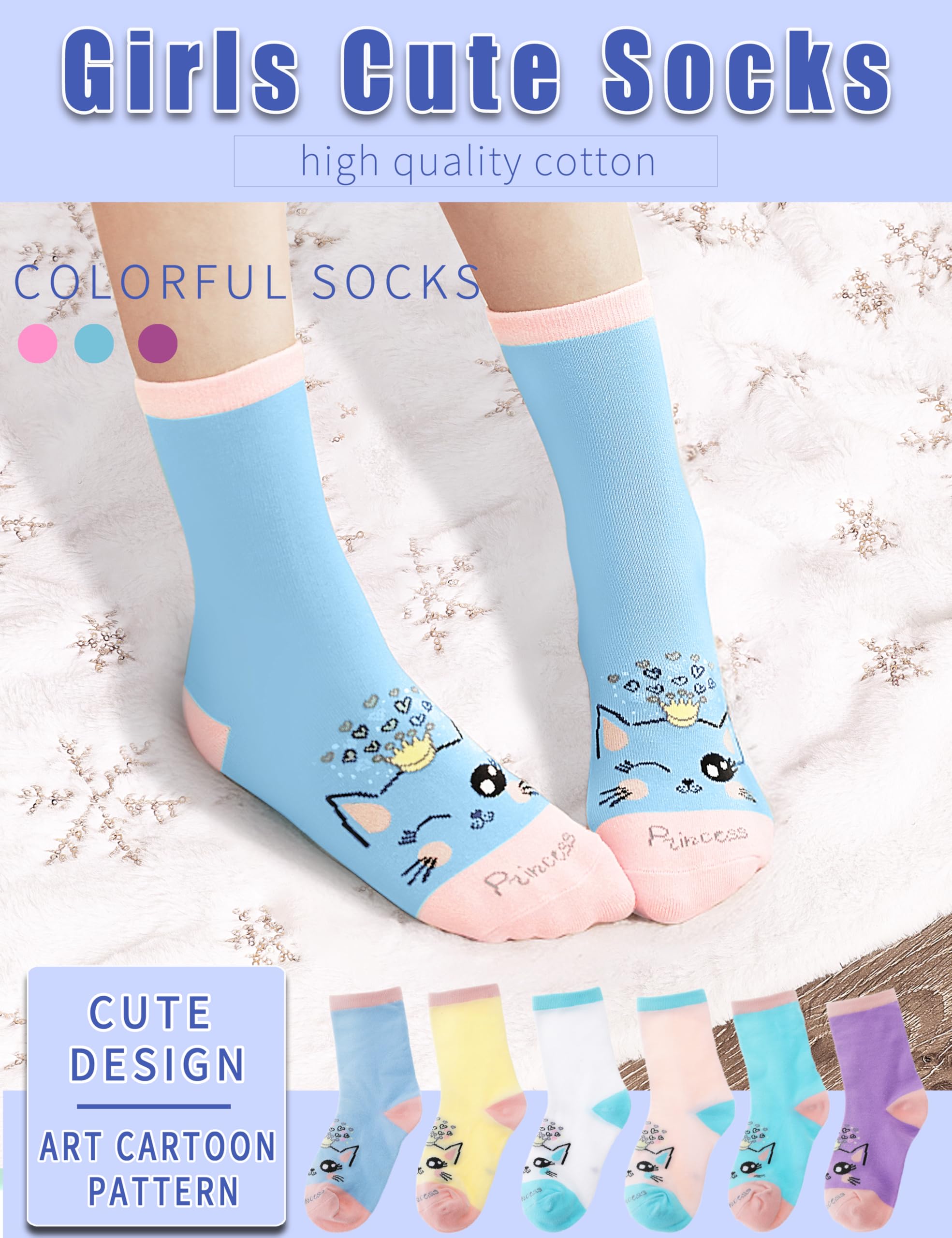 Anlisim Calcetines de algodón suave para niñas, 6 pares, diseño de dibujos animados