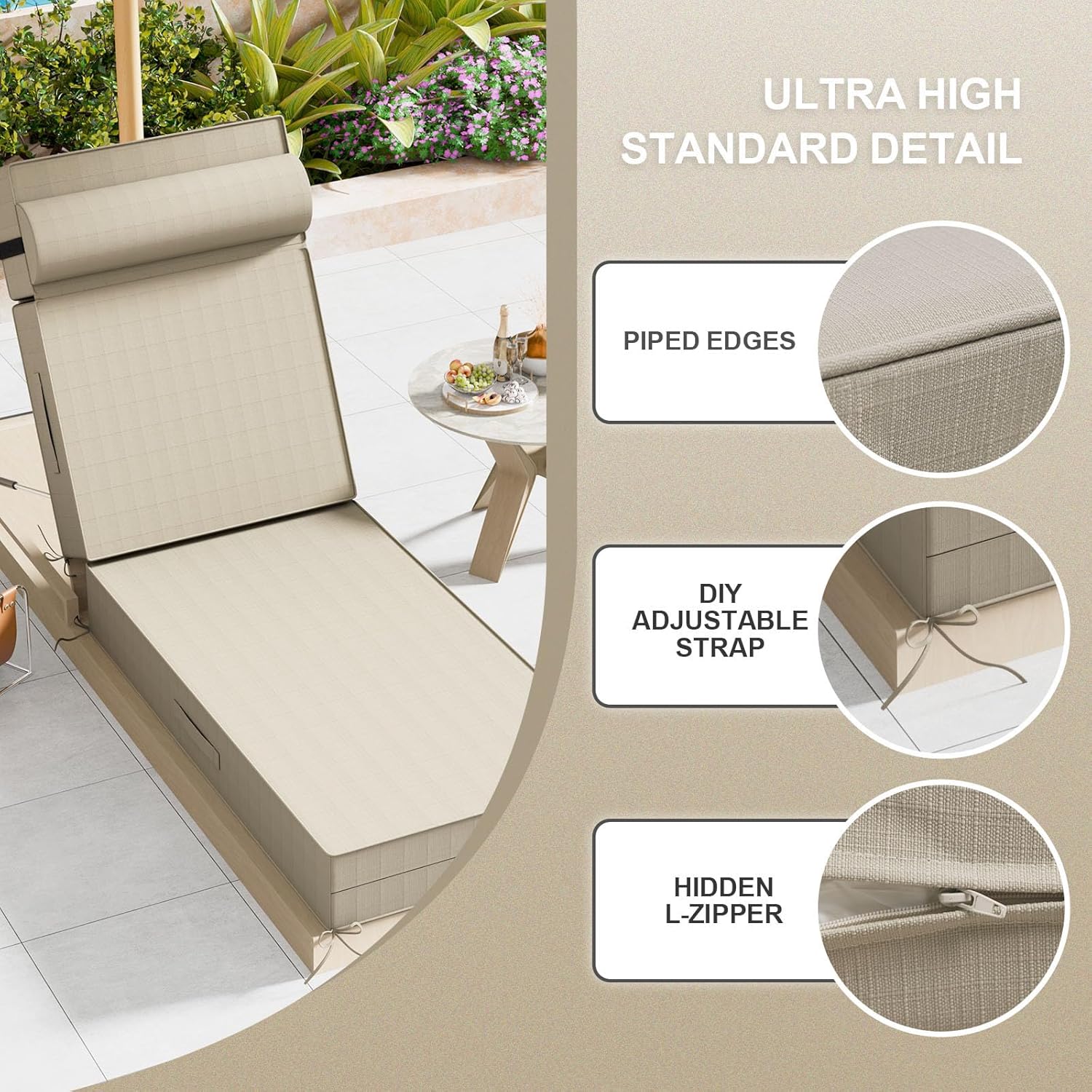 Outdoor Olefin Chaise Lounge Cushions with Pillow, 80"x 26"x5" Water Resistant and Fade Resistant Patio Furniture Lounge Chair Pads with Straps Ideal for Patio, Lawn, Garden, Beige