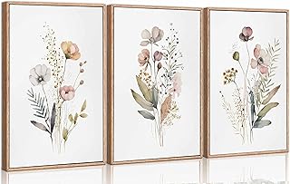 3Pcs Watercolor Wildflower Canvas Wall Art Modern Minimalist Colorful Bo...