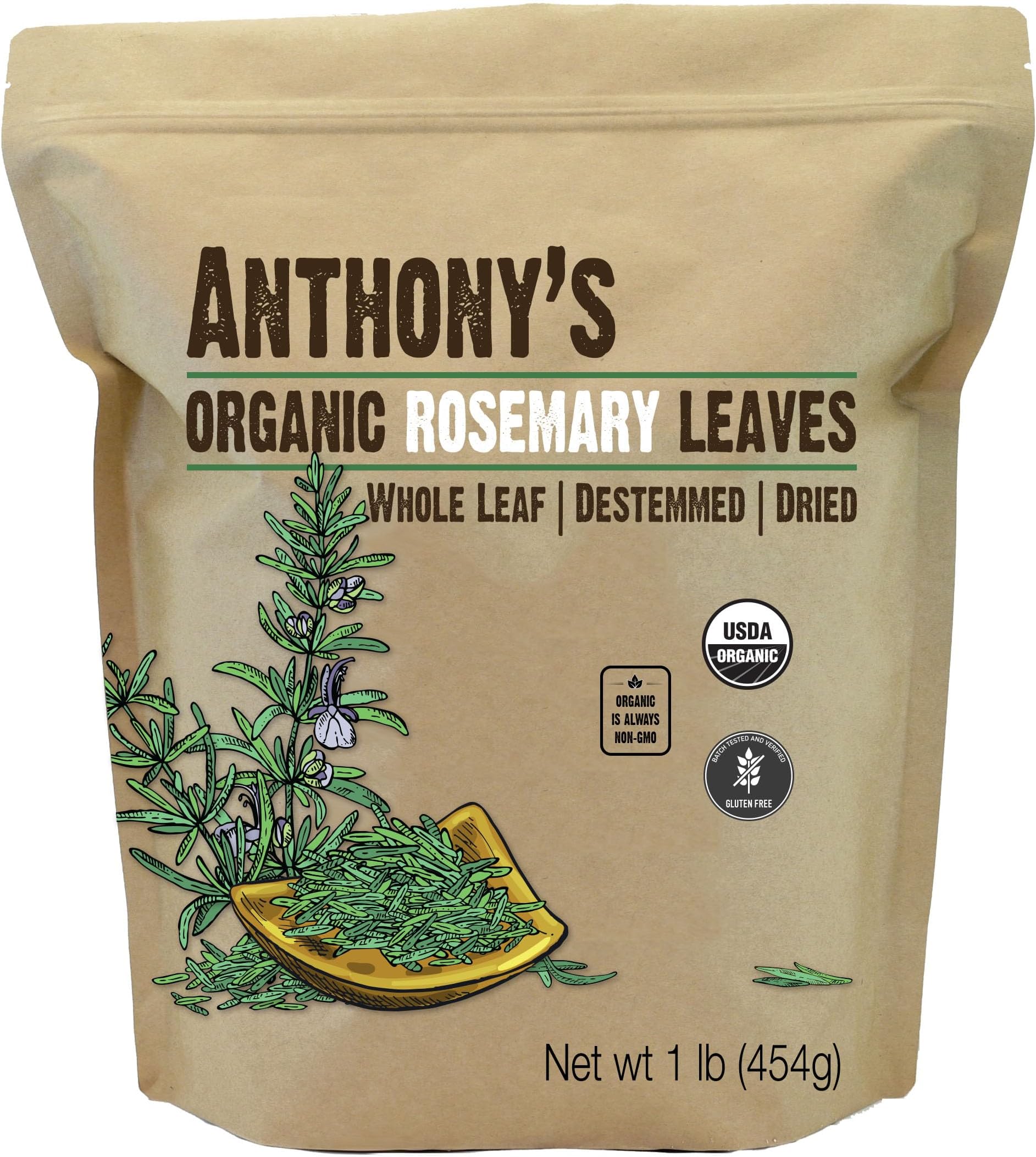 Anthony's Organic Dried Rosemary Leaves, 1 lb, Whole Leaf, Destemmed, Non GMO, Non Irradiated, Gluten Free