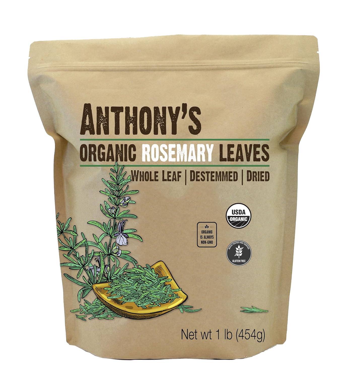Anthony's Organic Dried Rosemary Leaves, 1lb Whole Leaf - Non-GMO, Gluten-Free, Non-Irradiated Premium Spice