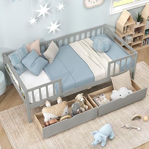 Miniatura 4 de Giantex Cama individual para niños con cajones de almacenamiento, cama Montessori de madera con rieles y estante lateral, sofá cama baja para niños