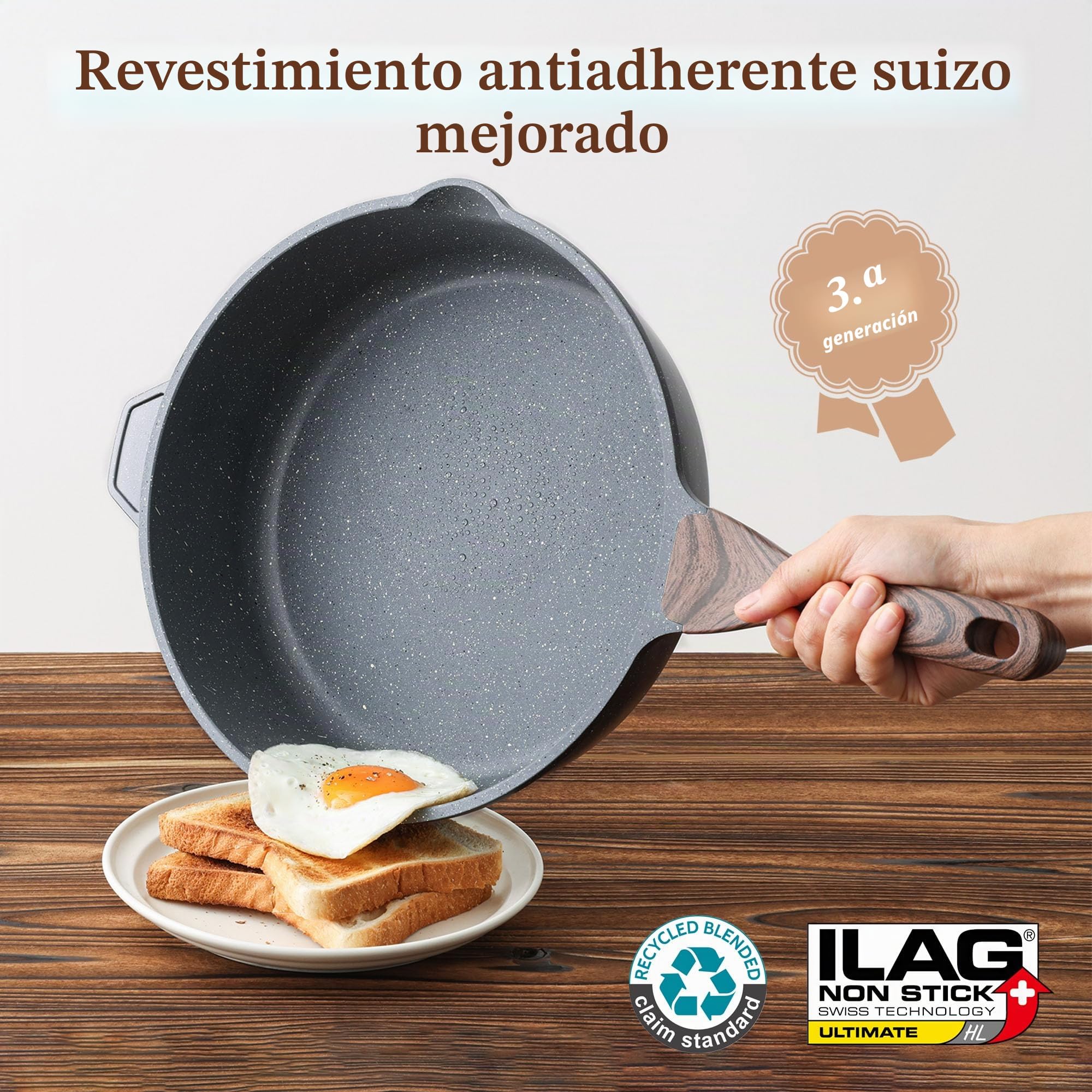 SENSARTE 28cm Sartén Antiadherente, Sartén Profunda con Tapa | Revestimiento de Granito Suizo, Sartén de Piedra Saludable, Utensilios de Cocina, Apta Inducción, Mango Resistente al Calor