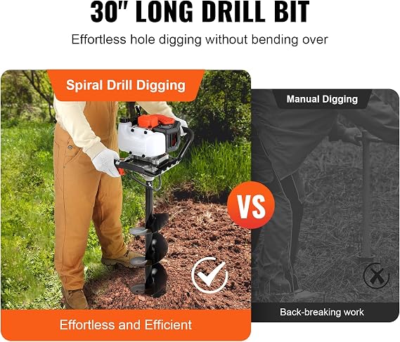 VEVOR Post Hole Digger, 43cc 1250W Auger Post Hole Digger, Gas Powered Earth Digger with 8 Earth Auger Drill Bit, 30 inch Long Alloy Steel Auger, for Farmland, Garden and Plant, EPA Certification