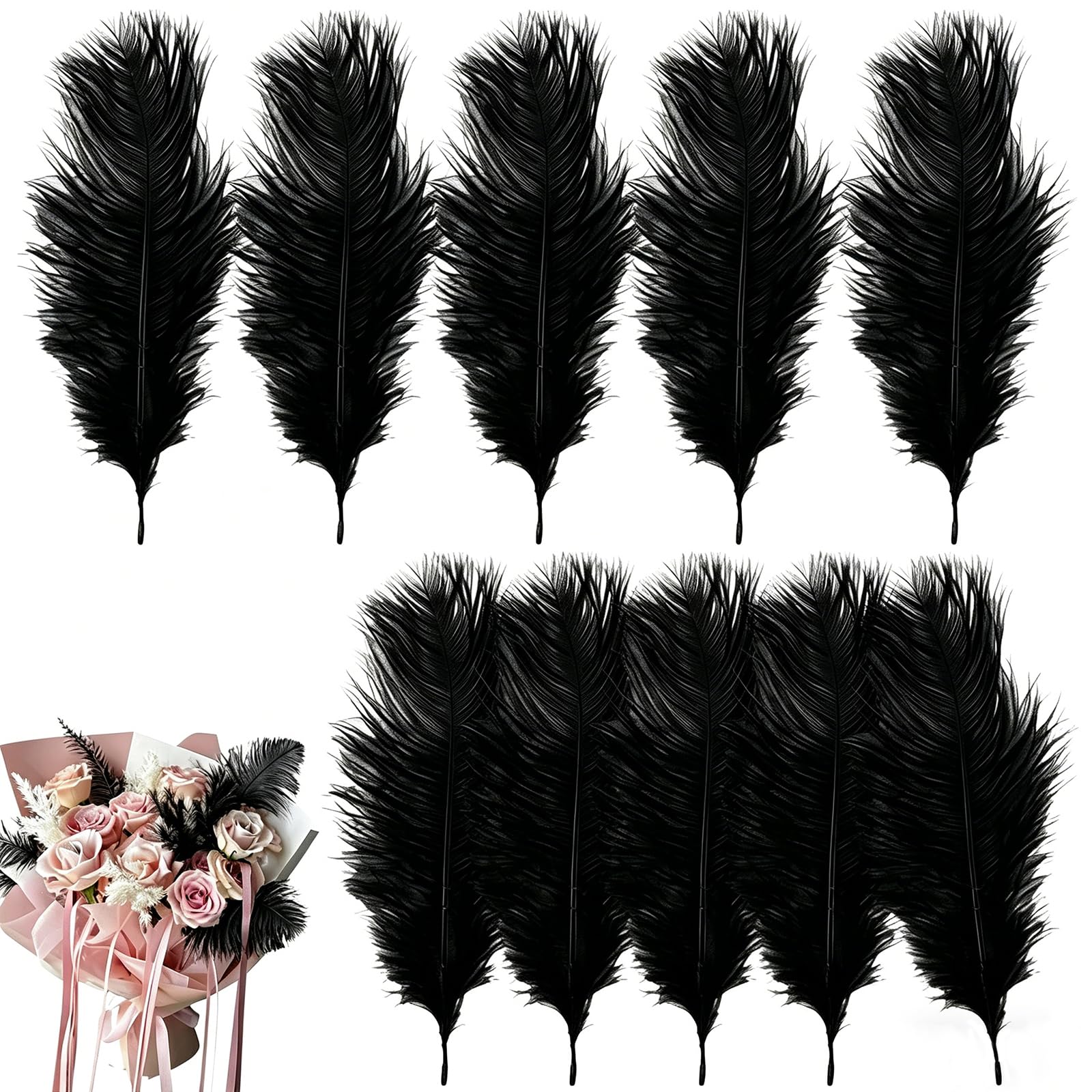 10 Pcs Ostrich Feathers, 20-25cm Large Fluffy Feather, Natural Feathers for Crafting, Christmas Tree Feather Decorations, for Wedding Office Bedroom Living Room (Black)