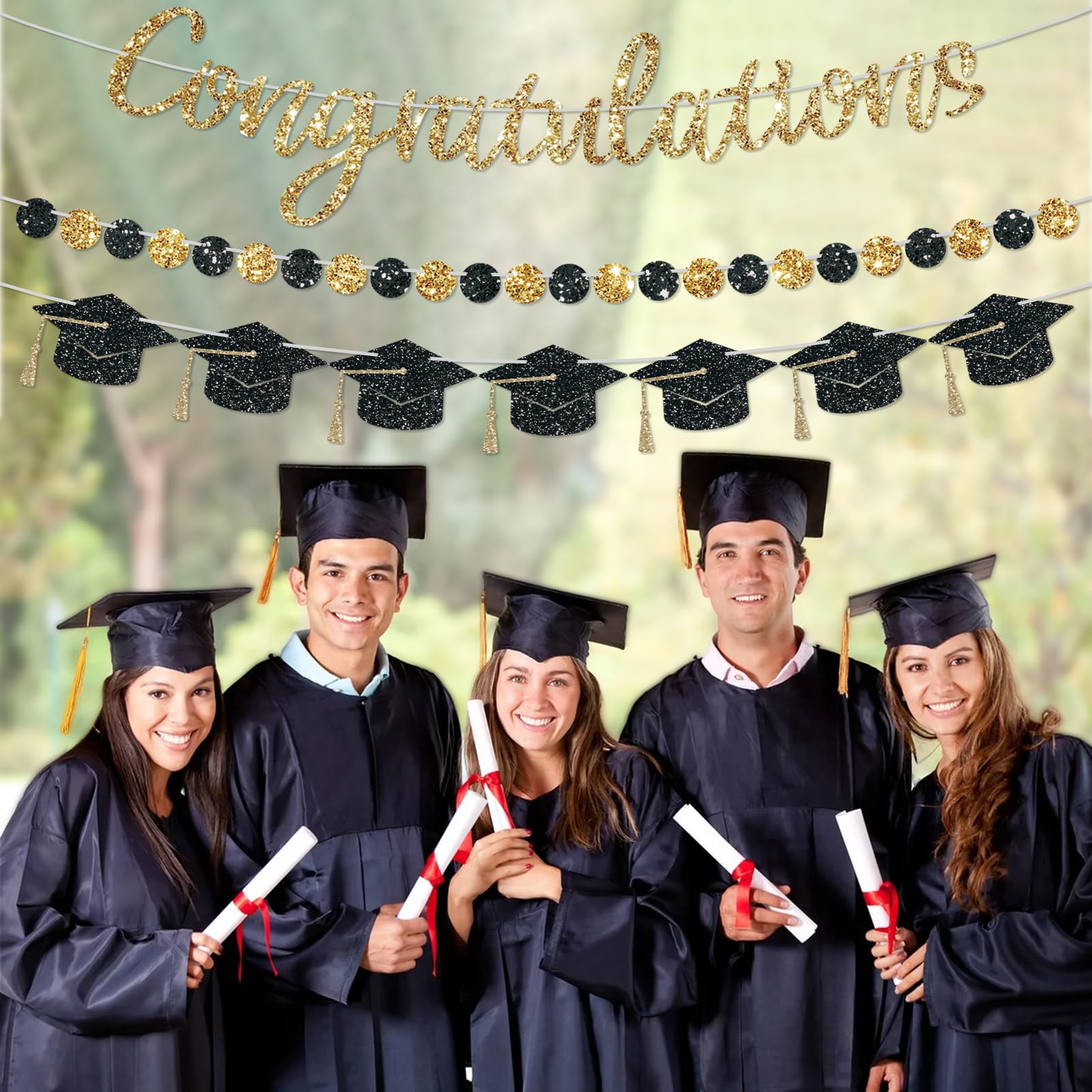 Gold Glitter Congratulations Banner - Pre-Strung Graduation Decor For Class Of 2025, Parties, Weddings & Retirement (Black With Tassel, No DIY Needed)