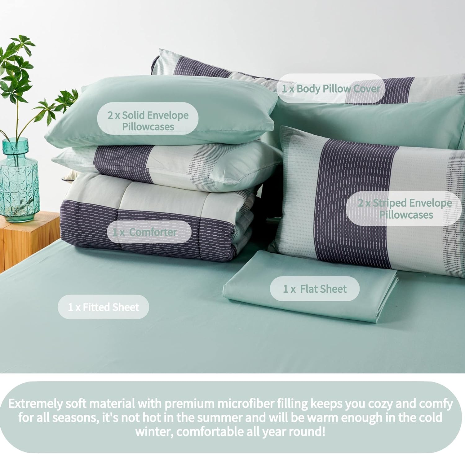 RYNGHIPY Sage Green Striped Comforter Set, Geometric Lightweight Soft Bedding Set, All Season Down Alternative Men Boy Comforter with Sheets Pillowcses (Full,Sage Green) - Image 5