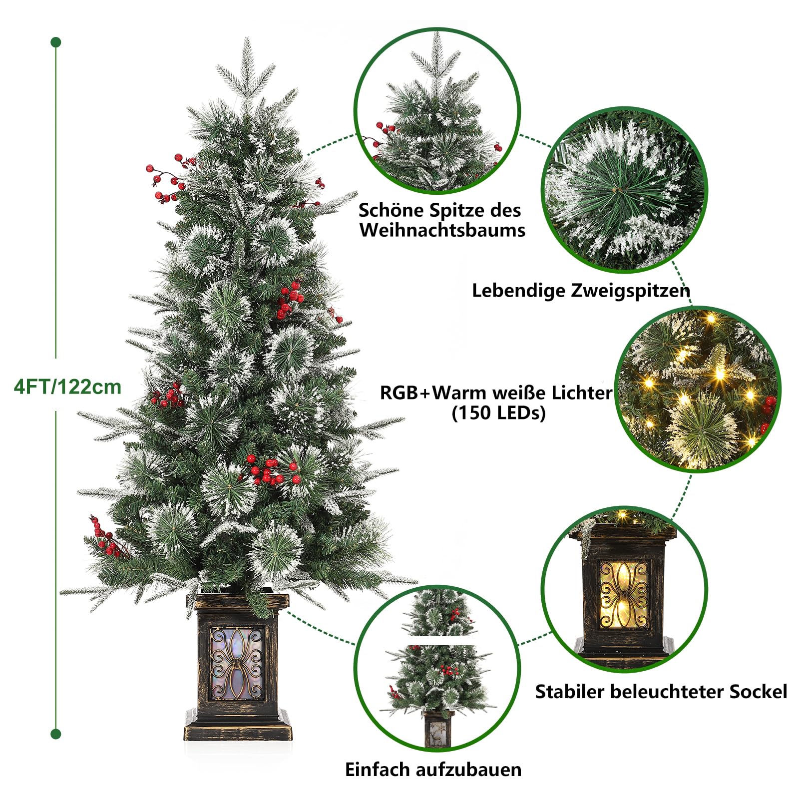 Garvee Árbol de Navidad de 120 cm con 150 luces LED, 9 modos de luz con base, árbol de Navidad artificial, luz blanca cálida y luz RGB, sistema de plegado rápido adornado para Navidad