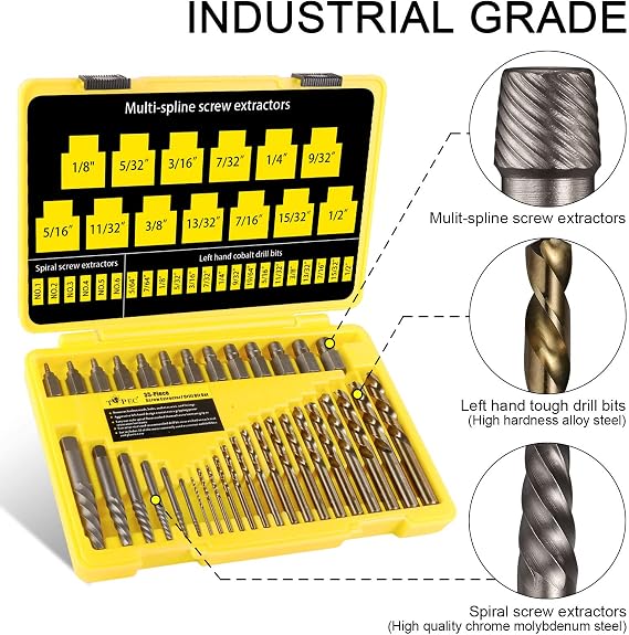 Topec 35-Piece Screw Extractor and Left Hand Drill Bits Set, Easy Out Screw Extractor Set with Reverse Drill Bits, Multi-Spline Extractors for Removing Broken Bolts and Stripped Screws