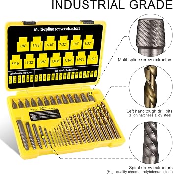 Topec 35-Piece Screw Extractor and Left Hand Drill Bits Set, Easy Out Screw Extractor Set with Reverse Drill Bits, Multi-Spline Extractors for Removing Broken Bolts and Stripped Screws