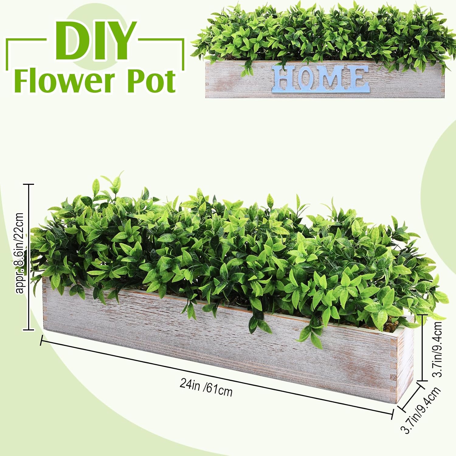 Lyrow 2 Pack 24 '' Artificial Eucalyptus Plants in Rectangular Rustic Wooden Planter Box Faux Potted Herb Plant Greenery Centerpiece for Cabinet Windowsill Table Shelf Wedding Decor (Whitewashed)