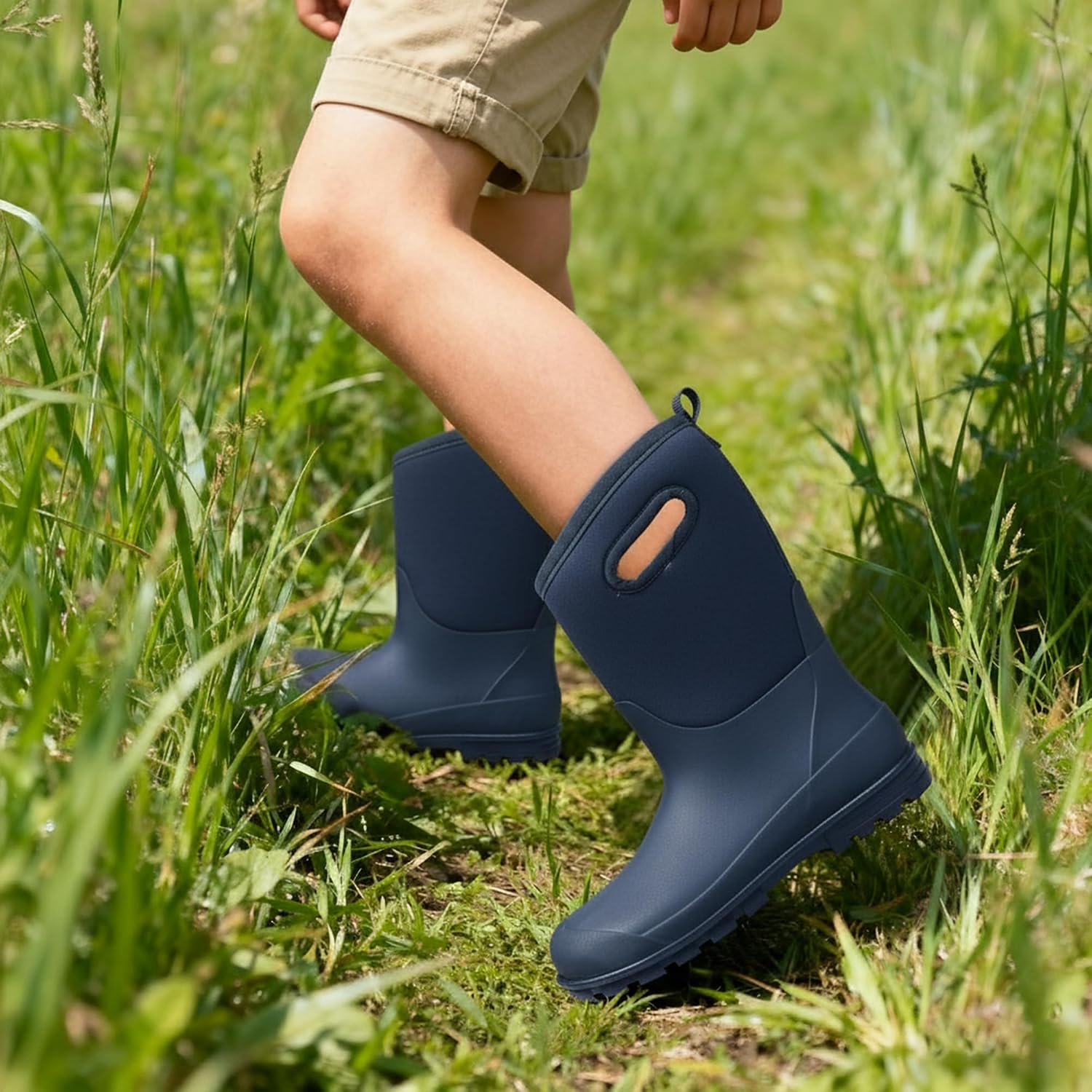 DKSUKO All Weather Kids Rubber Rain Boots for Boys and Girls ，Waterproof Insulated Neoprene Mud Boots,Winter Snow Boots with Handles