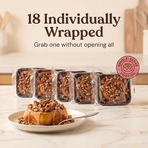 Jimmy The Baker Sticky Buns With Nuts (18 Pack) - 5.5 Oz Cinnamon Rolls Topped With Caramel, Honey and a Blend Of Nuts Individually Wrapped - Rich Cinnamon Flavor