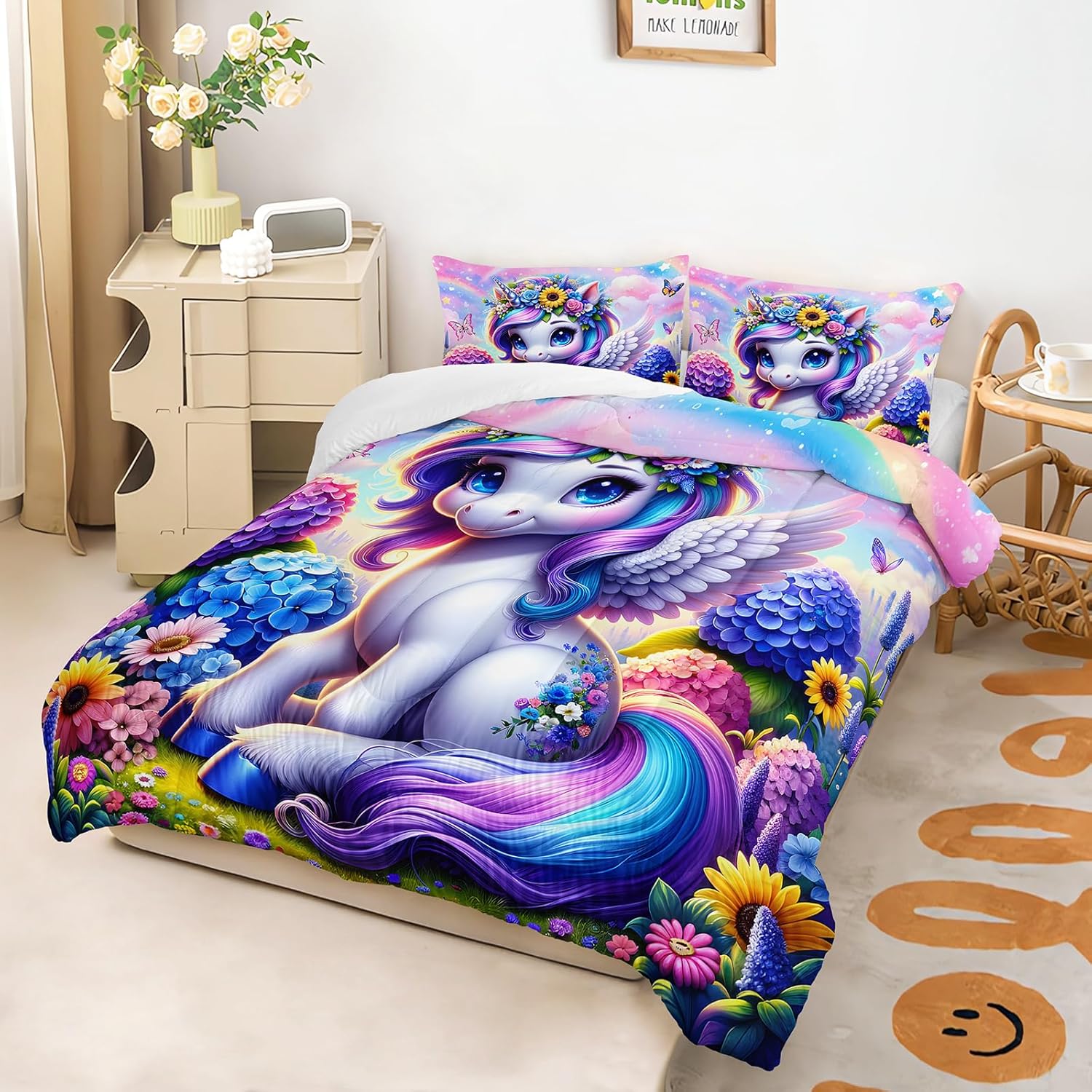 AILONEN Cartoon Unicorn Comforter Set Queen Size, Cute Rainbow Horse Unicorn Bedding Set for Kids Girls,Floral Butterfly Duvet Set,1 Quilt + 2 Pillowcases,3Pcs