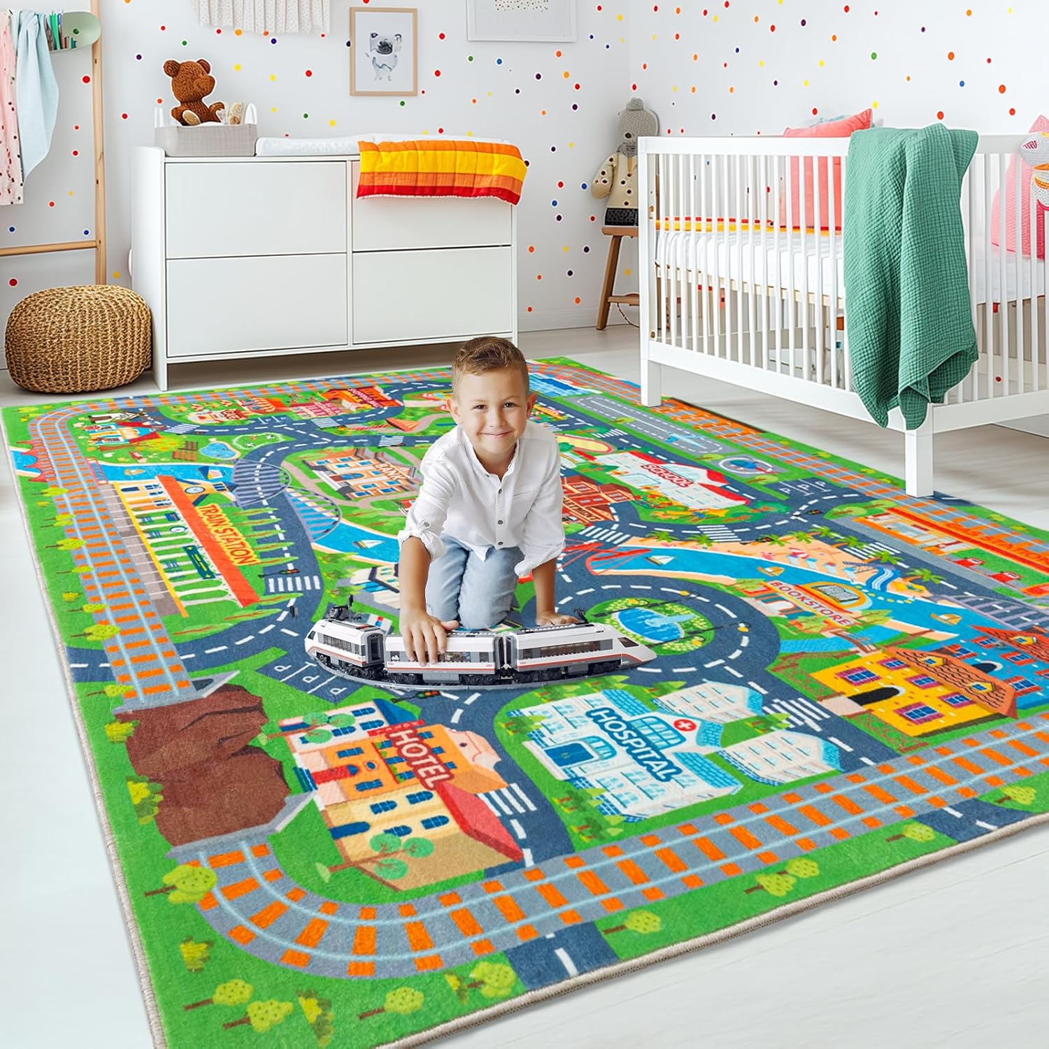 Car Rug Play Mat for Kids Toy Cars, Road Traffic Playmat for Kid Bedroom, Non-Slip Machine Washable Town City Race Track Carpet for Learn and Have Fun 4'x5'/ 48"x60"