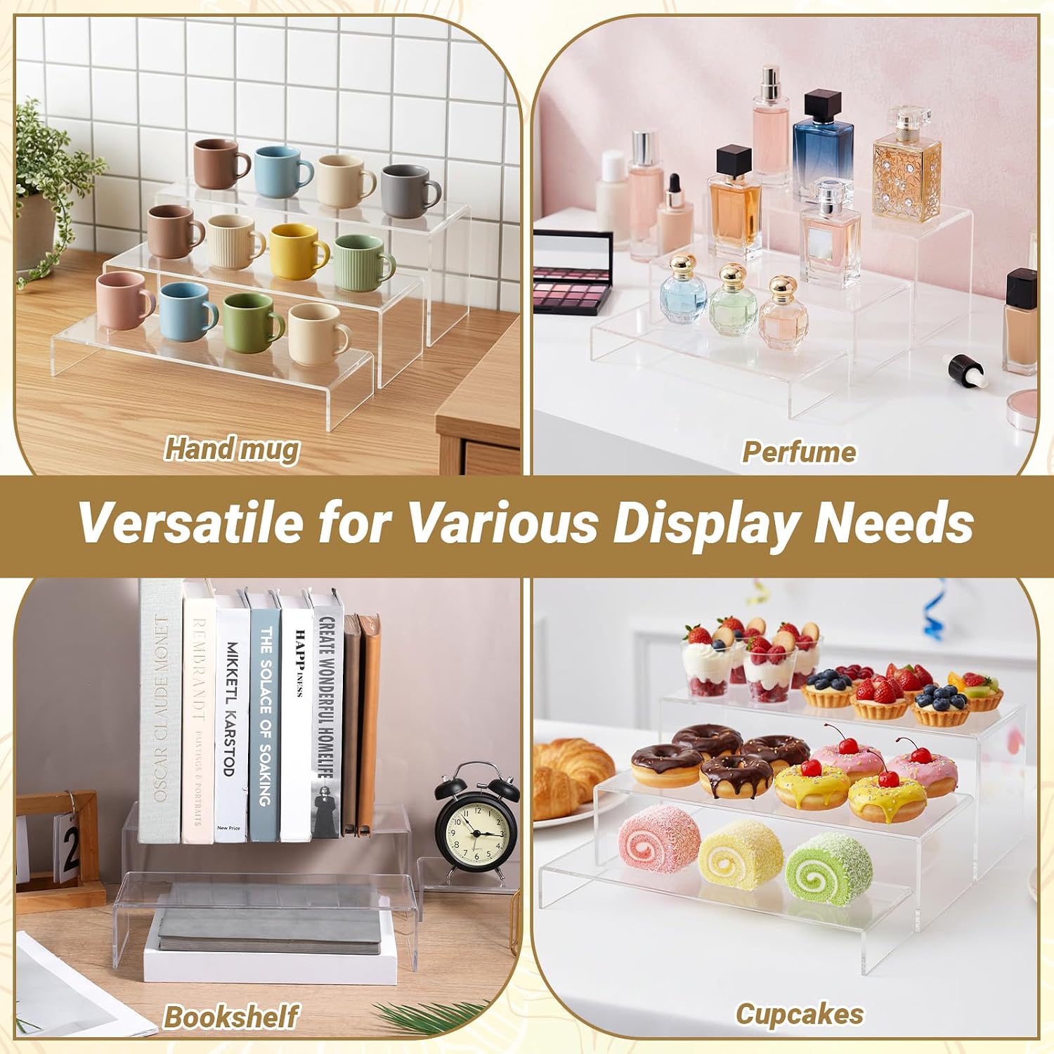 Large Acrylic Display Risers, 2 Set - 6 Pack (12” L, 11.6” L, 11.2” L) Collectibles Display Shelf, Tiered Acrylic Risers Display Stands for Show Figures, Cupcake, Perfume, Jewelry, Toys