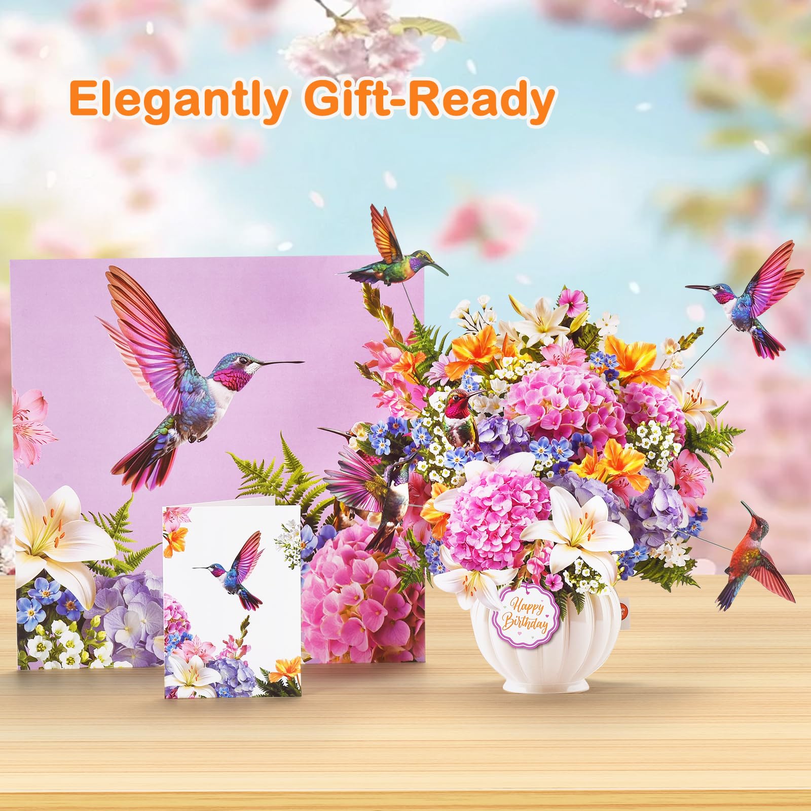 VIVIKEN Pop-Up-Geburtstagskarte mit Musik und Lichtern, 3D-ausziehbarer fliegender Kolibri, Blumenstrauß, Grußkarte, elegantes Blumengeburtstagsgeschenk mit Umschlag für Frauen, Ehefrau, Mutter