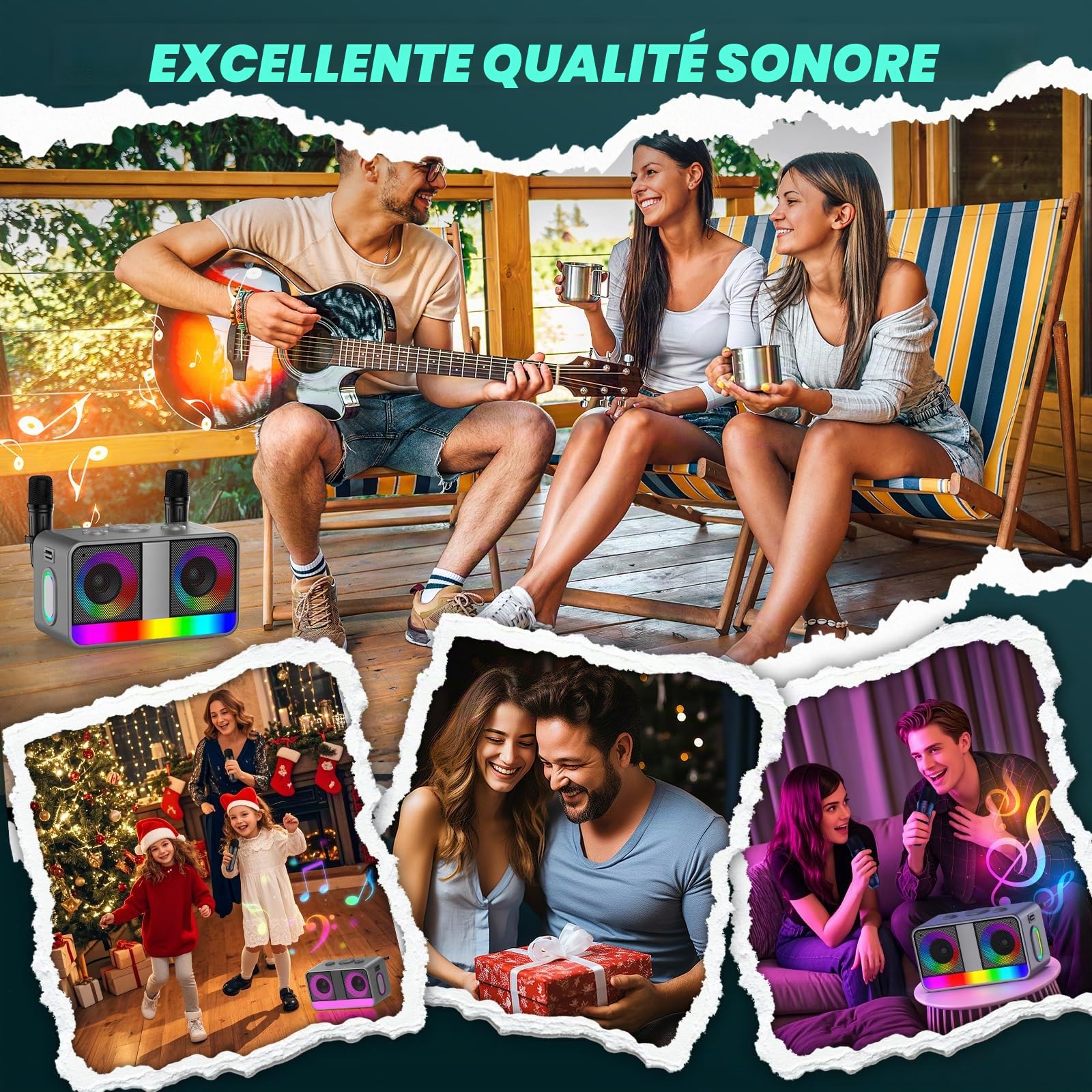 Karaoké Haut-Parleur Portable 35W Réel, Autonomie de 8 Heures, 2 Microphones sans Fil Rechargeables, LED, Machine de Karaoké pour Adultes et Enfants, (CHJ171-Silvergray)