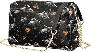 Crossbody Bag for Women Black Ufo Pizza Vegan Leather Shoulder Handbag with Strap Crossover Sling Backpack Ladies Purse Fashion Satchel